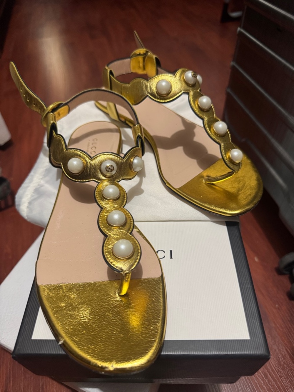 Gucci Metallic Gold Pearl-Accent T-Strap Sandals